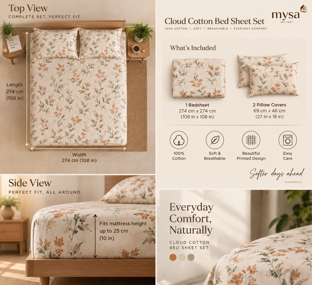 Cloud Cotton Bed Sheet Set (100% cotton, printed, with 2 pillow covers)