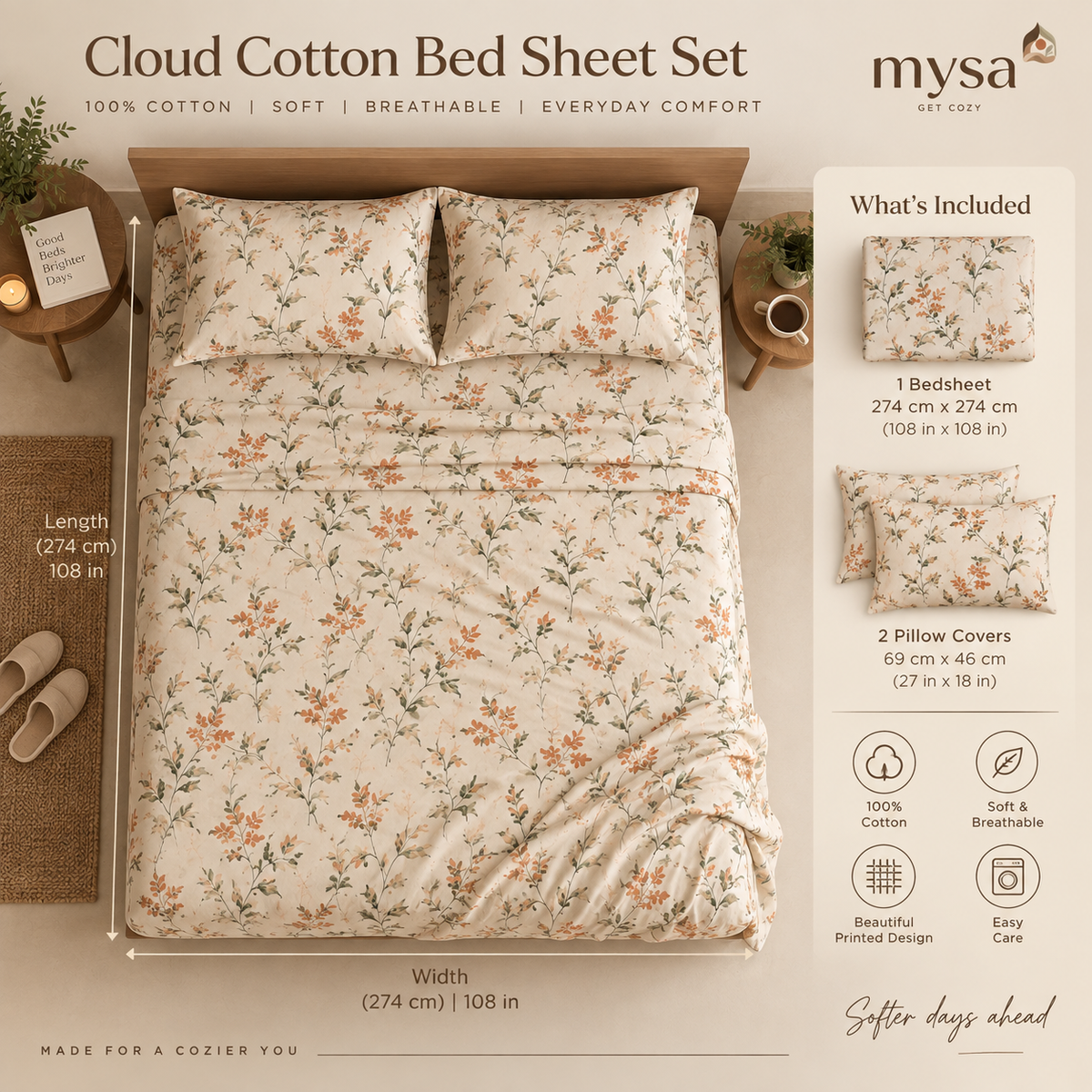 Cloud Cotton Bed Sheet Set (100% cotton, printed, with 2 pillow covers)