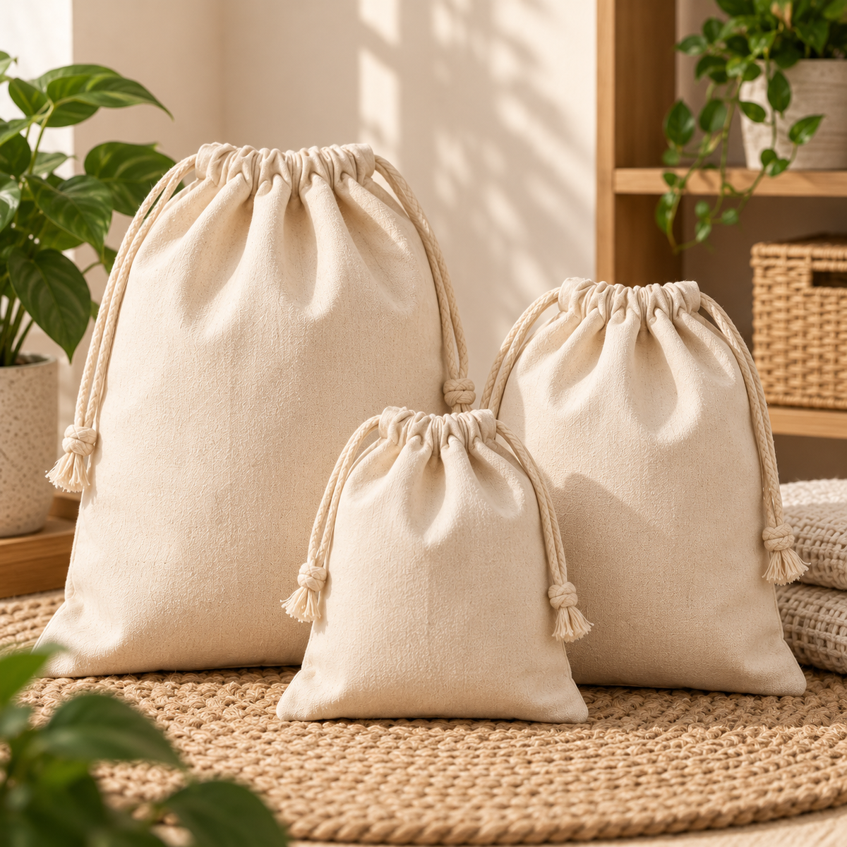 Cotton Drawstring Storage Bags (set of 3)