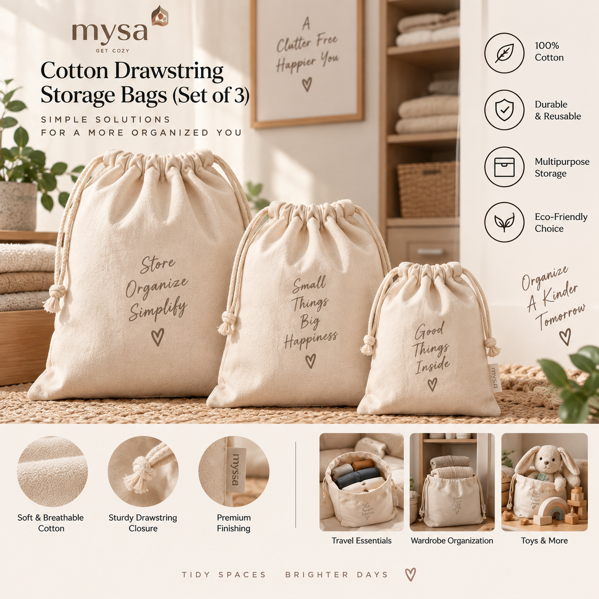 Cotton Drawstring Storage Bags (set of 3)
